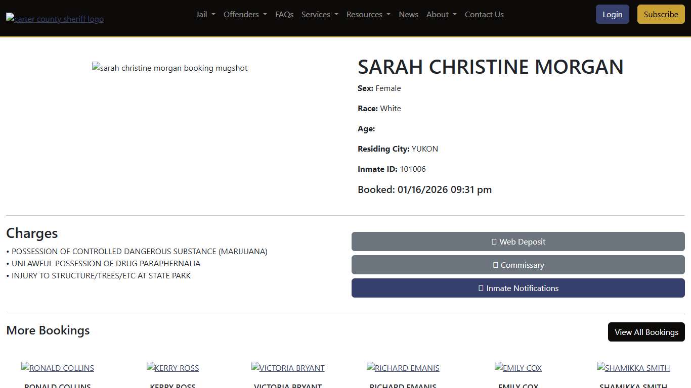 SARAH MORGAN Booked at the County Jail