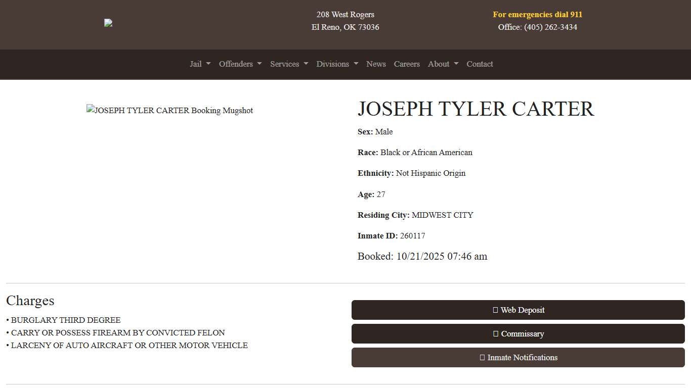 JOSEPH CARTER Booked at the Canadian County Jail